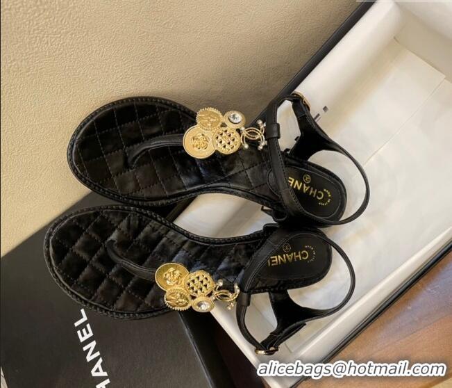 Luxurious Chanel Lambskin Heel Thong Sandals 4cm with Coin Charm Black 0322104