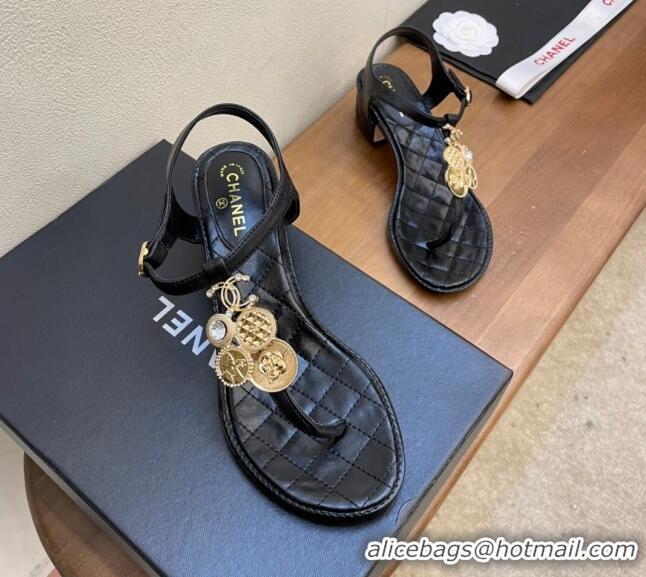 Luxurious Chanel Lambskin Heel Thong Sandals 4cm with Coin Charm Black 0322104