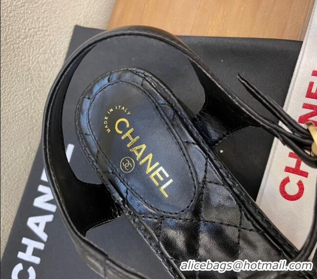 Luxurious Chanel Lambskin Heel Thong Sandals 4cm with Coin Charm Black 0322104