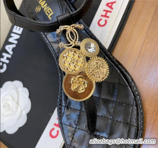 Luxurious Chanel Lambskin Heel Thong Sandals 4cm with Coin Charm Black 0322104