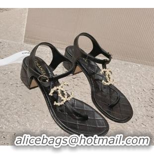 Most Popular Chanel Lambskin Heel Thong Sandals 4cm with Pears CC Black 322105