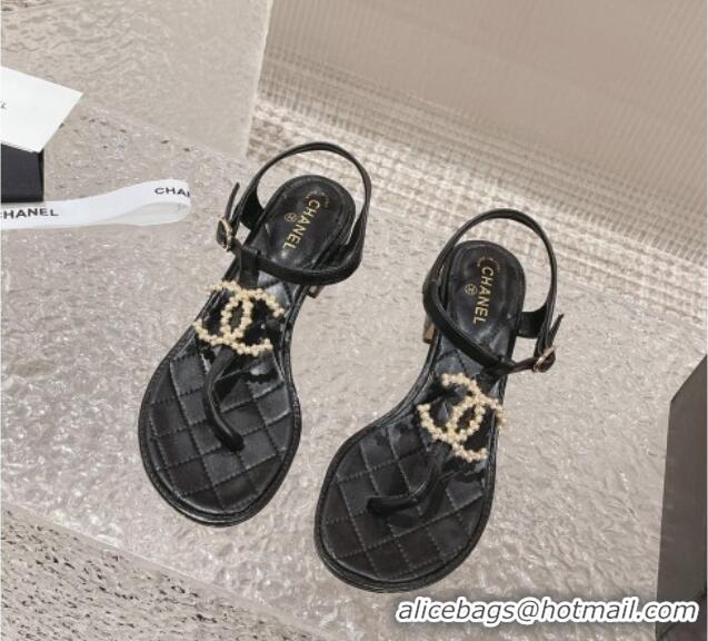 Most Popular Chanel Lambskin Heel Thong Sandals 4cm with Pears CC Black 322105