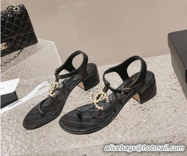 Most Popular Chanel Lambskin Heel Thong Sandals 4cm with Pears CC Black 322105