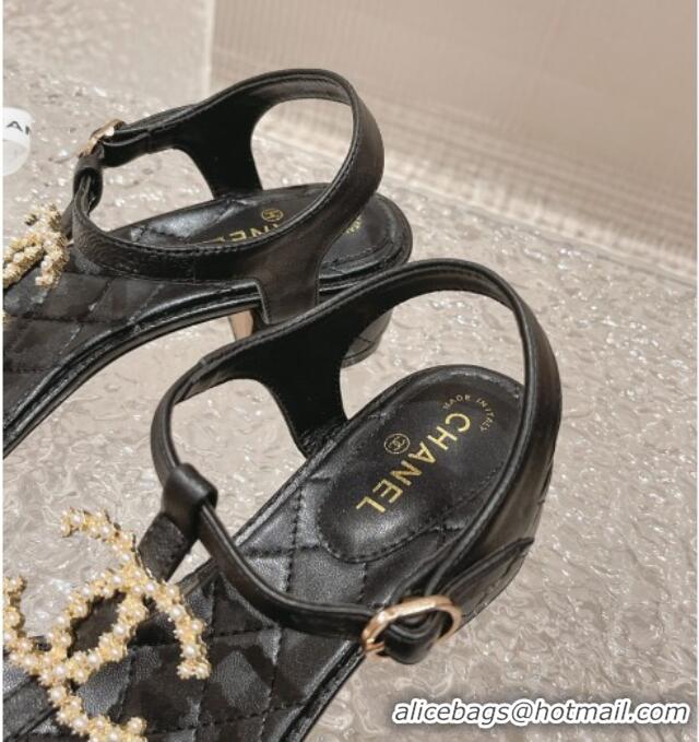 Most Popular Chanel Lambskin Heel Thong Sandals 4cm with Pears CC Black 322105