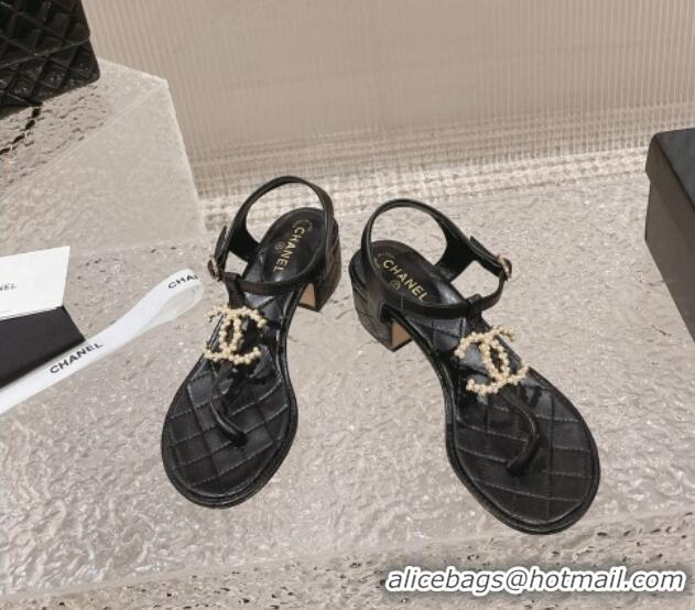 Most Popular Chanel Lambskin Heel Thong Sandals 4cm with Pears CC Black 322105