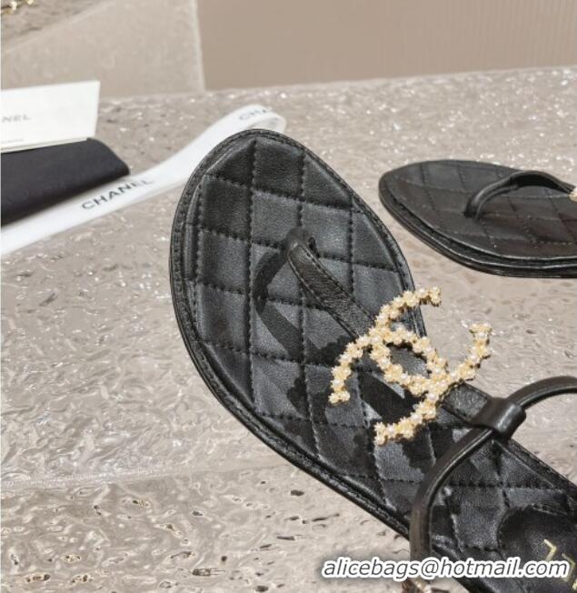 Most Popular Chanel Lambskin Heel Thong Sandals 4cm with Pears CC Black 322105