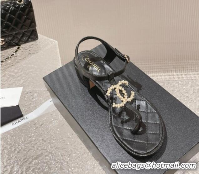 Most Popular Chanel Lambskin Heel Thong Sandals 4cm with Pears CC Black 322105