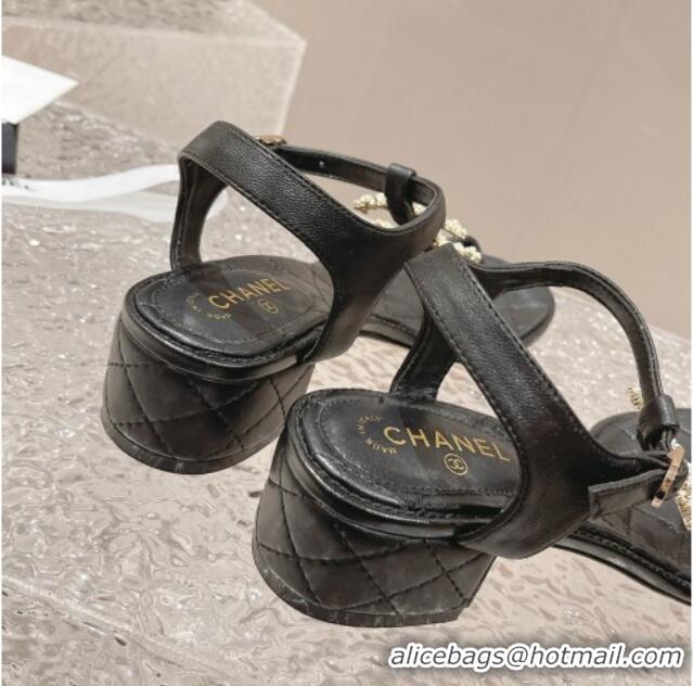 Most Popular Chanel Lambskin Heel Thong Sandals 4cm with Pears CC Black 322105