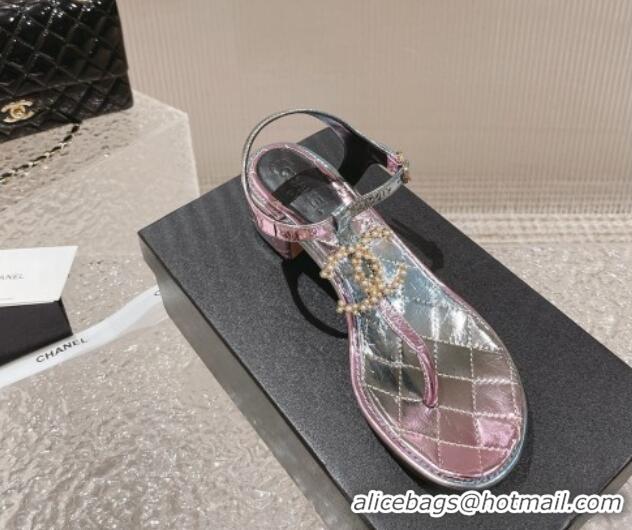 Popular Style Chanel Lambskin Heel Thong Sandals 4cm with Pears CC Pink/Blue 322106