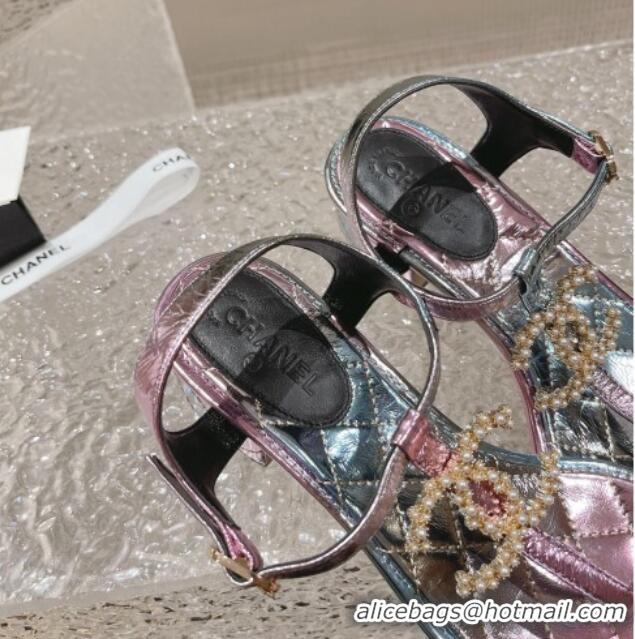 Popular Style Chanel Lambskin Heel Thong Sandals 4cm with Pears CC Pink/Blue 322106