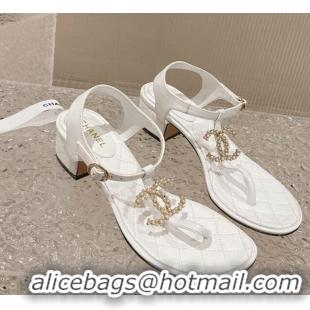 Big Discount Chanel Lambskin Heel Thong Sandals 4cm with Pears CC White 322107