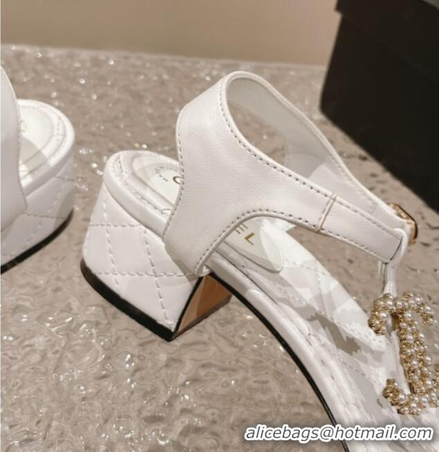 Big Discount Chanel Lambskin Heel Thong Sandals 4cm with Pears CC White 322107