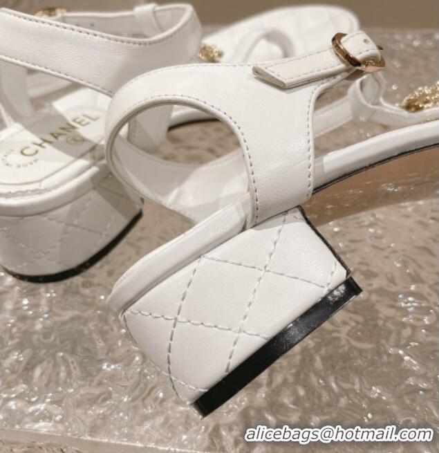 Big Discount Chanel Lambskin Heel Thong Sandals 4cm with Pears CC White 322107