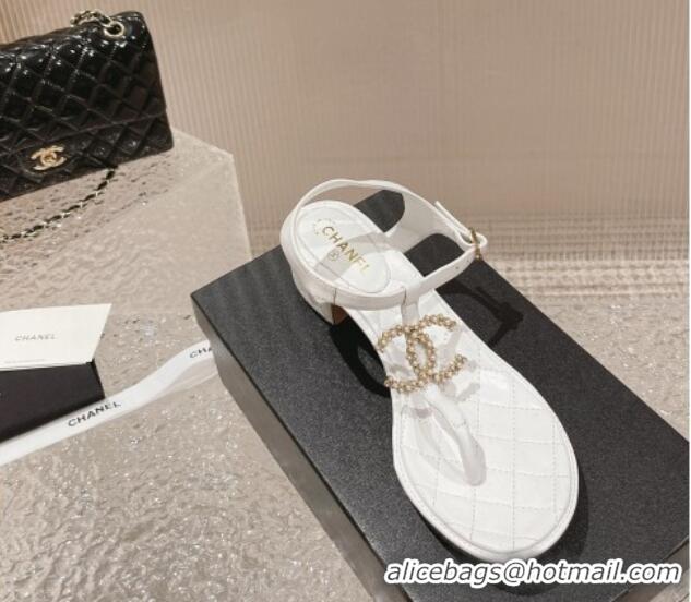 Big Discount Chanel Lambskin Heel Thong Sandals 4cm with Pears CC White 322107