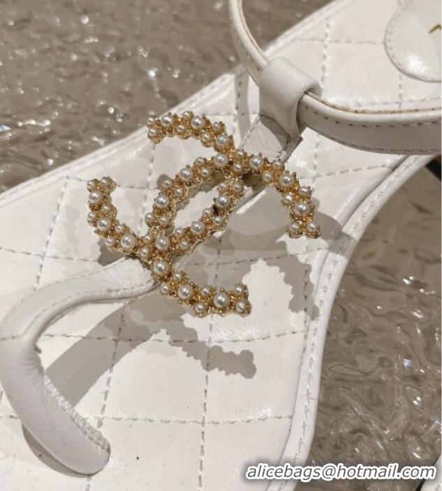 Big Discount Chanel Lambskin Heel Thong Sandals 4cm with Pears CC White 322107