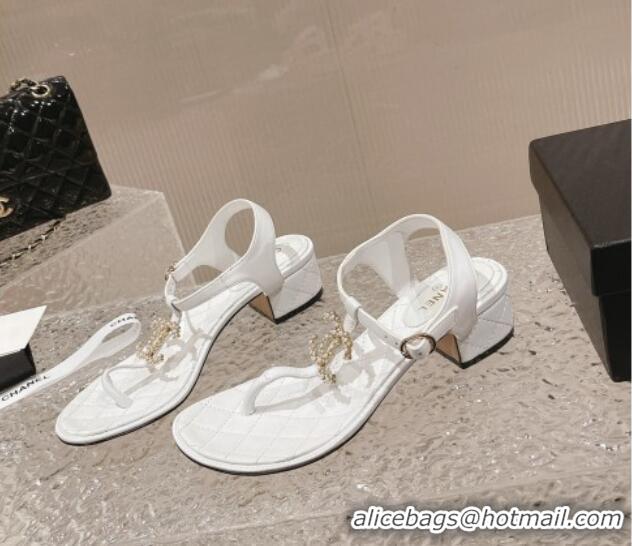 Big Discount Chanel Lambskin Heel Thong Sandals 4cm with Pears CC White 322107