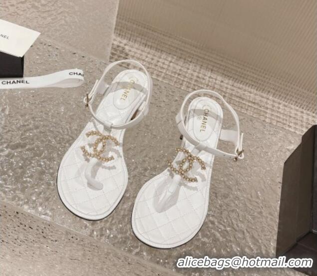 Big Discount Chanel Lambskin Heel Thong Sandals 4cm with Pears CC White 322107