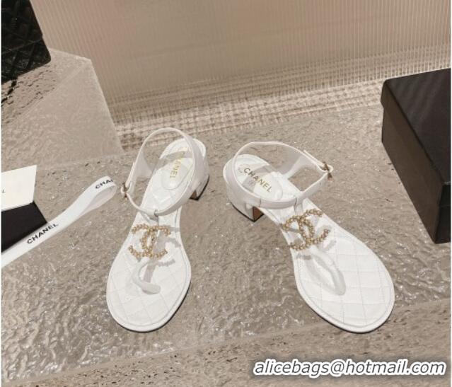 Big Discount Chanel Lambskin Heel Thong Sandals 4cm with Pears CC White 322107