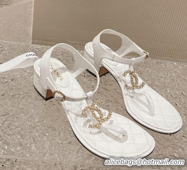 Big Discount Chanel Lambskin Heel Thong Sandals 4cm with Pears CC White 322107