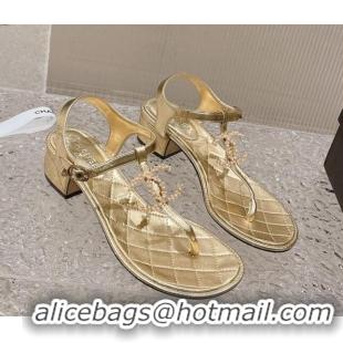 Perfect Chanel Lambskin Heel Thong Sandals 4cm with Pears CC Gold 0322108