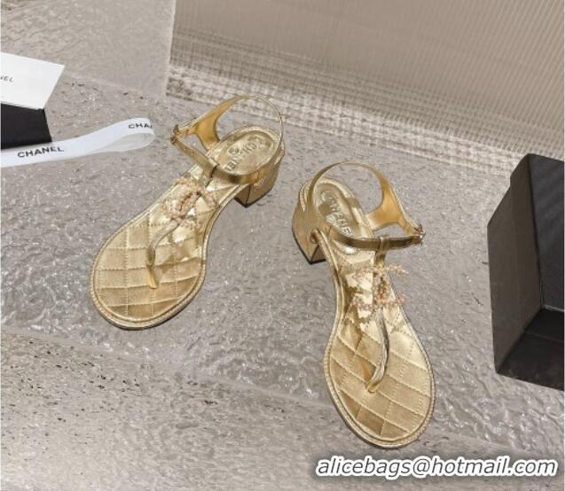 Perfect Chanel Lambskin Heel Thong Sandals 4cm with Pears CC Gold 0322108