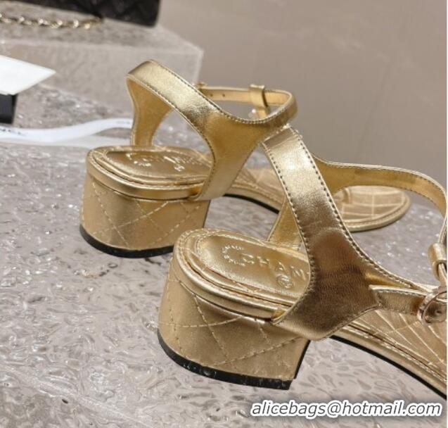 Perfect Chanel Lambskin Heel Thong Sandals 4cm with Pears CC Gold 0322108