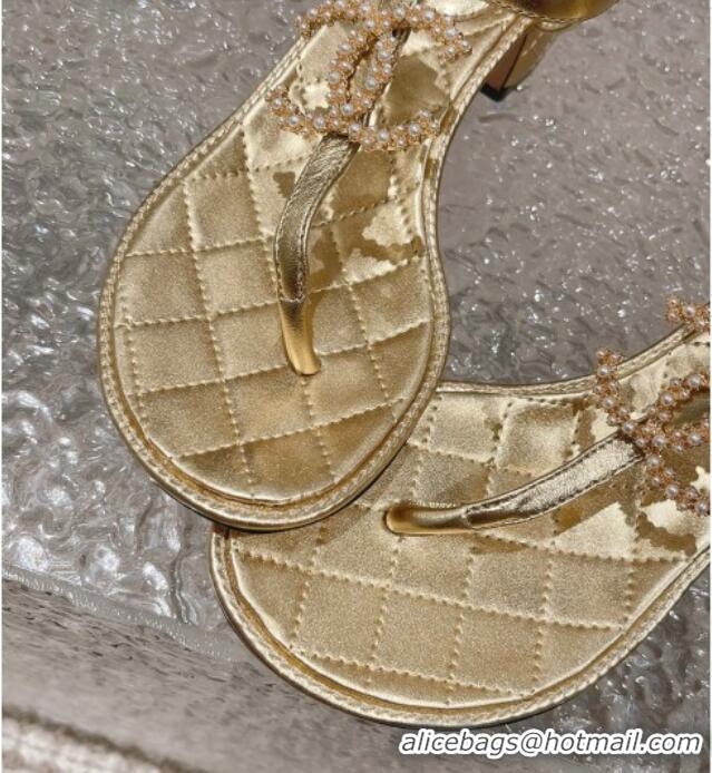 Perfect Chanel Lambskin Heel Thong Sandals 4cm with Pears CC Gold 0322108