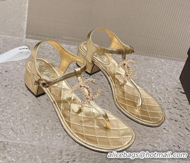 Perfect Chanel Lambskin Heel Thong Sandals 4cm with Pears CC Gold 0322108