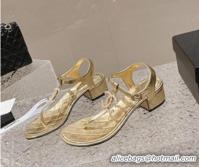 Perfect Chanel Lambskin Heel Thong Sandals 4cm with Pears CC Gold 0322108