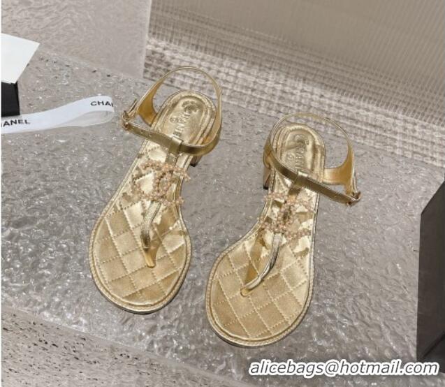 Perfect Chanel Lambskin Heel Thong Sandals 4cm with Pears CC Gold 0322108