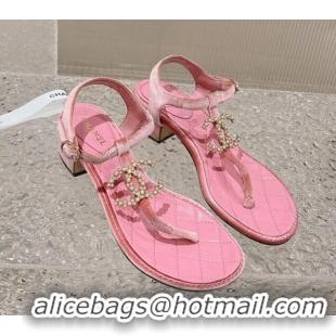 Low Price Chanel Velvet Heel Thong Sandals 4cm with Pears CC Pink 0322109