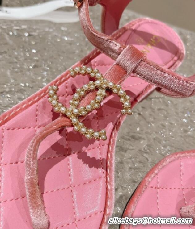 Low Price Chanel Velvet Heel Thong Sandals 4cm with Pears CC Pink 0322109