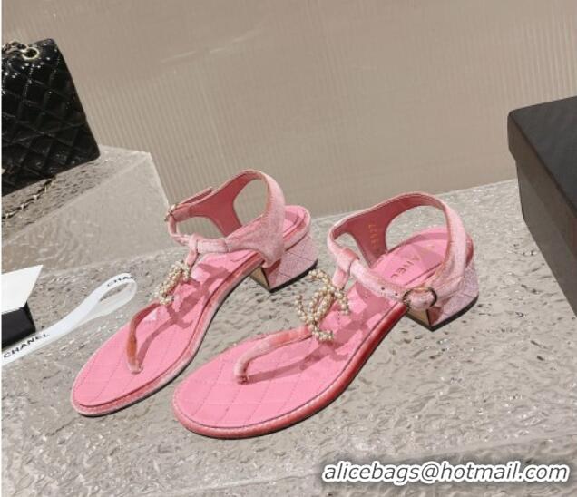 Low Price Chanel Velvet Heel Thong Sandals 4cm with Pears CC Pink 0322109