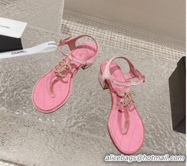 Low Price Chanel Velvet Heel Thong Sandals 4cm with Pears CC Pink 0322109