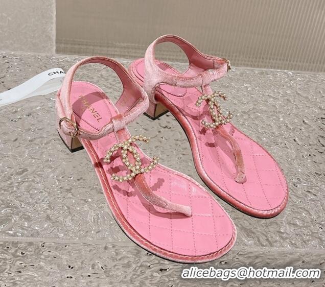 Low Price Chanel Velvet Heel Thong Sandals 4cm with Pears CC Pink 0322109