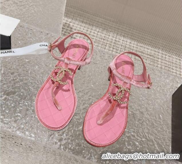 Low Price Chanel Velvet Heel Thong Sandals 4cm with Pears CC Pink 0322109