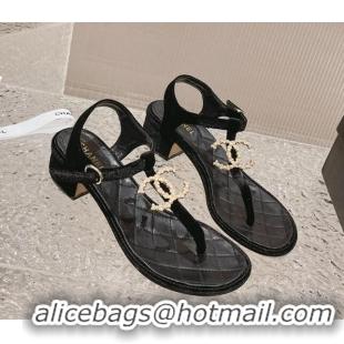 Shop Duplicate Chanel Velvet Heel Thong Sandals 4cm with Pears CC Black 0322110