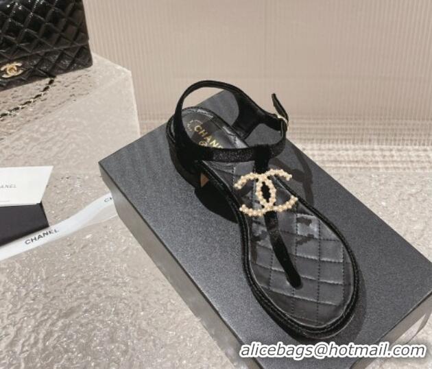 Shop Duplicate Chanel Velvet Heel Thong Sandals 4cm with Pears CC Black 0322110