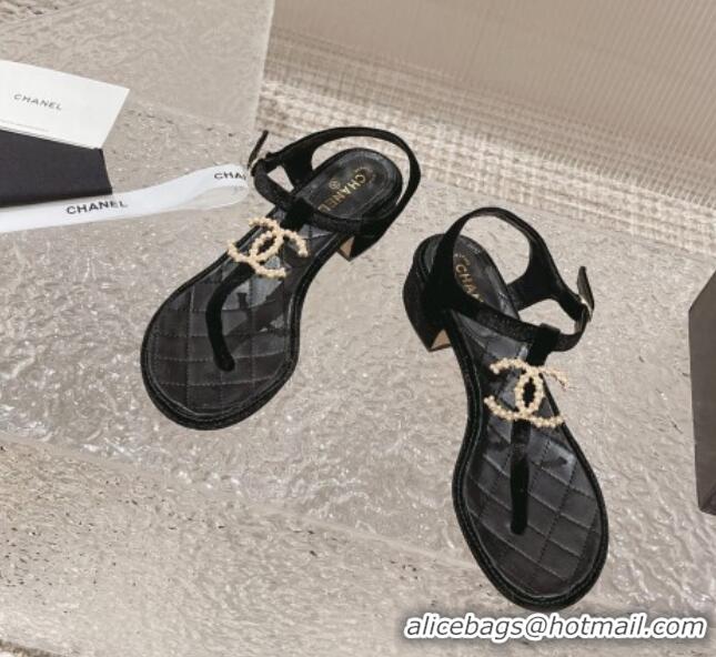 Shop Duplicate Chanel Velvet Heel Thong Sandals 4cm with Pears CC Black 0322110