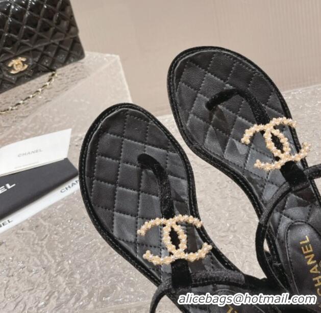 Shop Duplicate Chanel Velvet Heel Thong Sandals 4cm with Pears CC Black 0322110