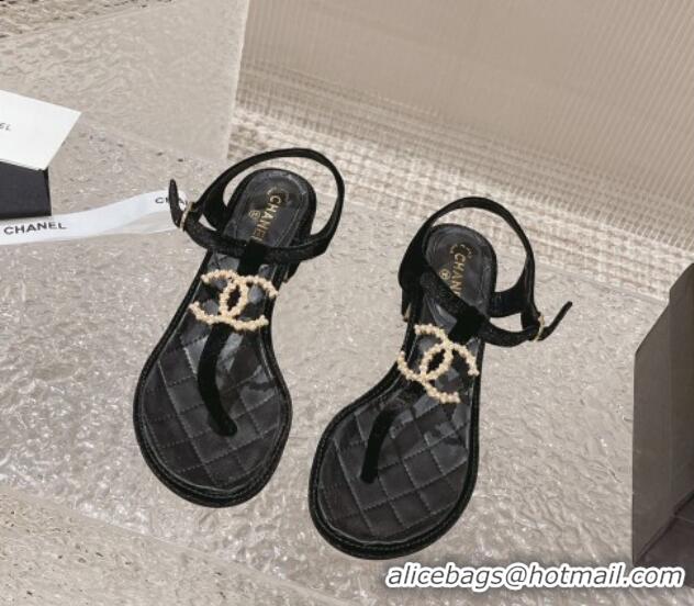 Shop Duplicate Chanel Velvet Heel Thong Sandals 4cm with Pears CC Black 0322110