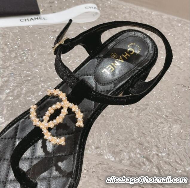 Shop Duplicate Chanel Velvet Heel Thong Sandals 4cm with Pears CC Black 0322110