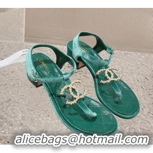 Cheap Price Chanel Velvet Heel Thong Sandals 4cm with Pears CC Green 322111