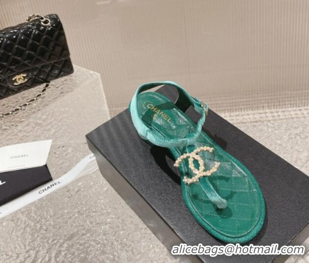 Cheap Price Chanel Velvet Heel Thong Sandals 4cm with Pears CC Green 322111