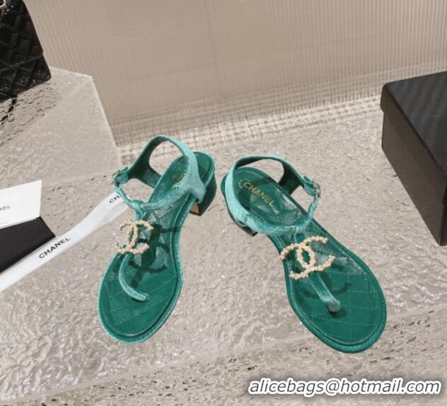 Cheap Price Chanel Velvet Heel Thong Sandals 4cm with Pears CC Green 322111