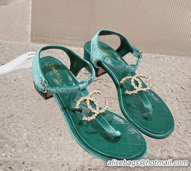 Cheap Price Chanel Velvet Heel Thong Sandals 4cm with Pears CC Green 322111