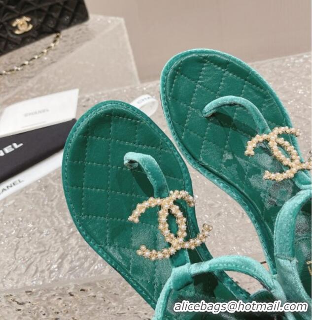 Cheap Price Chanel Velvet Heel Thong Sandals 4cm with Pears CC Green 322111