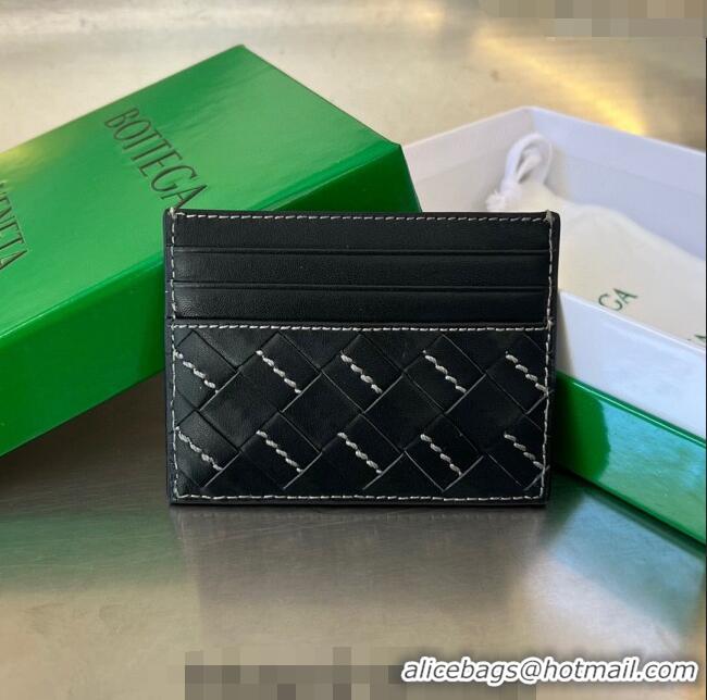 Famous Brand Bottega Veneta Intrecciato Leather Credit Card Case with All-over Stitching 743209 Black 2024