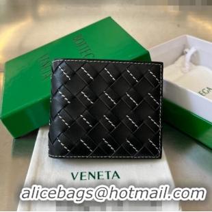 Top Quality Bottega Veneta Intrecciato Leather Bi-Fold Wallet with All-over Stitching 743211 Black 2024