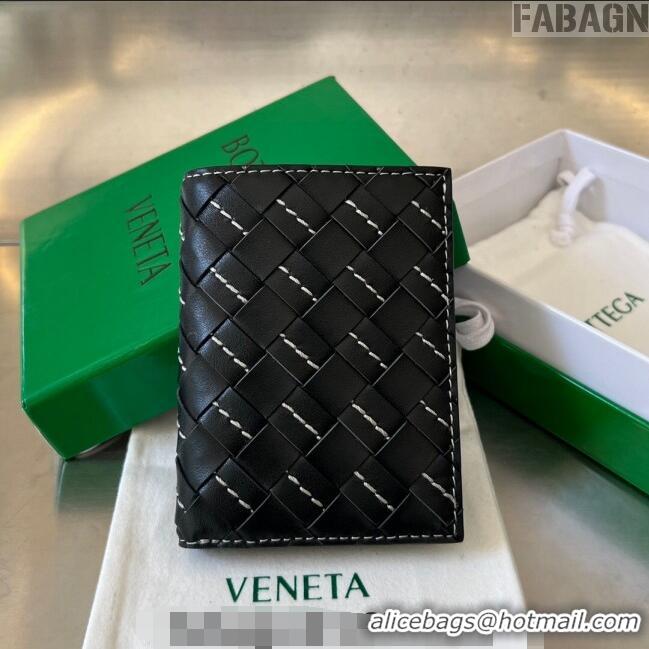 Famous Brand Bottega Veneta Intrecciato Leather Flap Wallet with All-over Stitching 742143 Black 2024